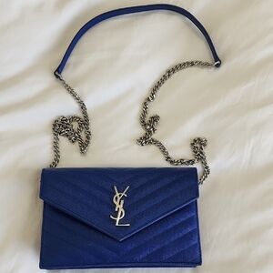 Saint Laurent Blue Quilted Envelope Chain Bag with Silver Hardware